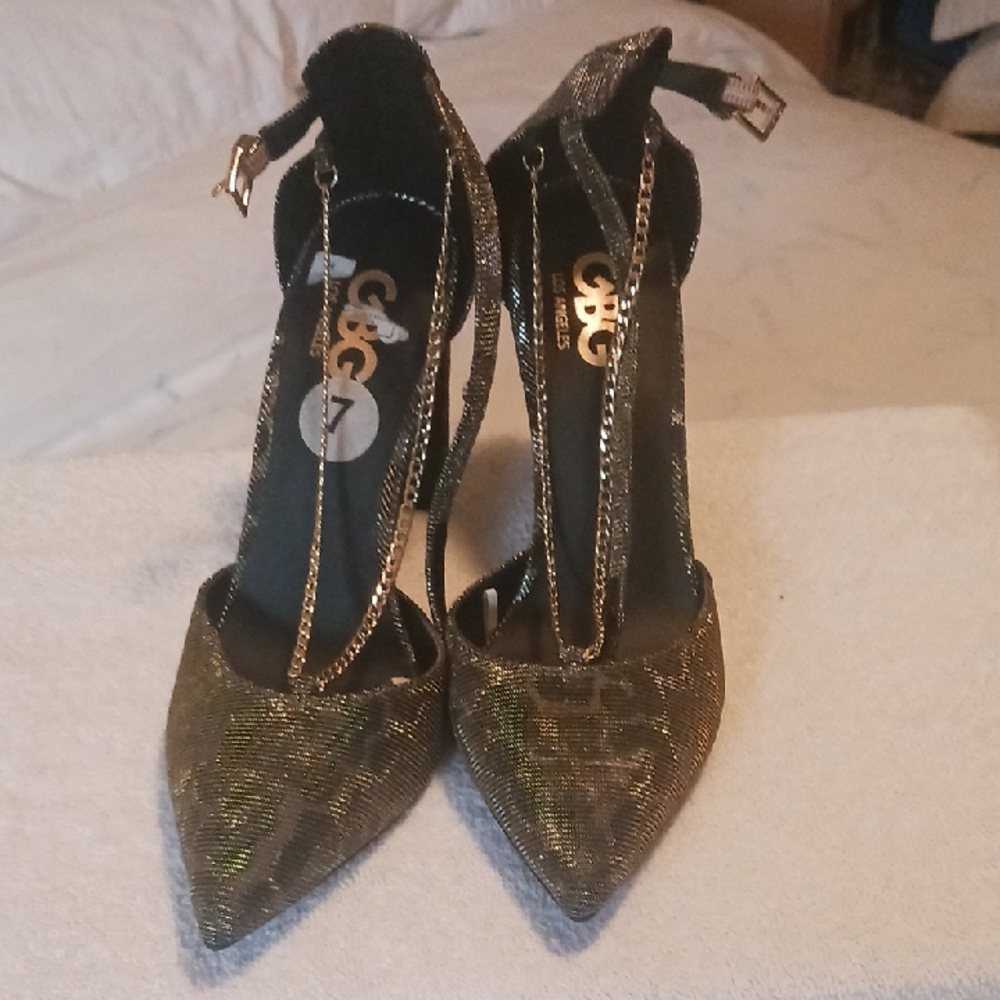 Gianni Bini Black and Gold Chain Heels
